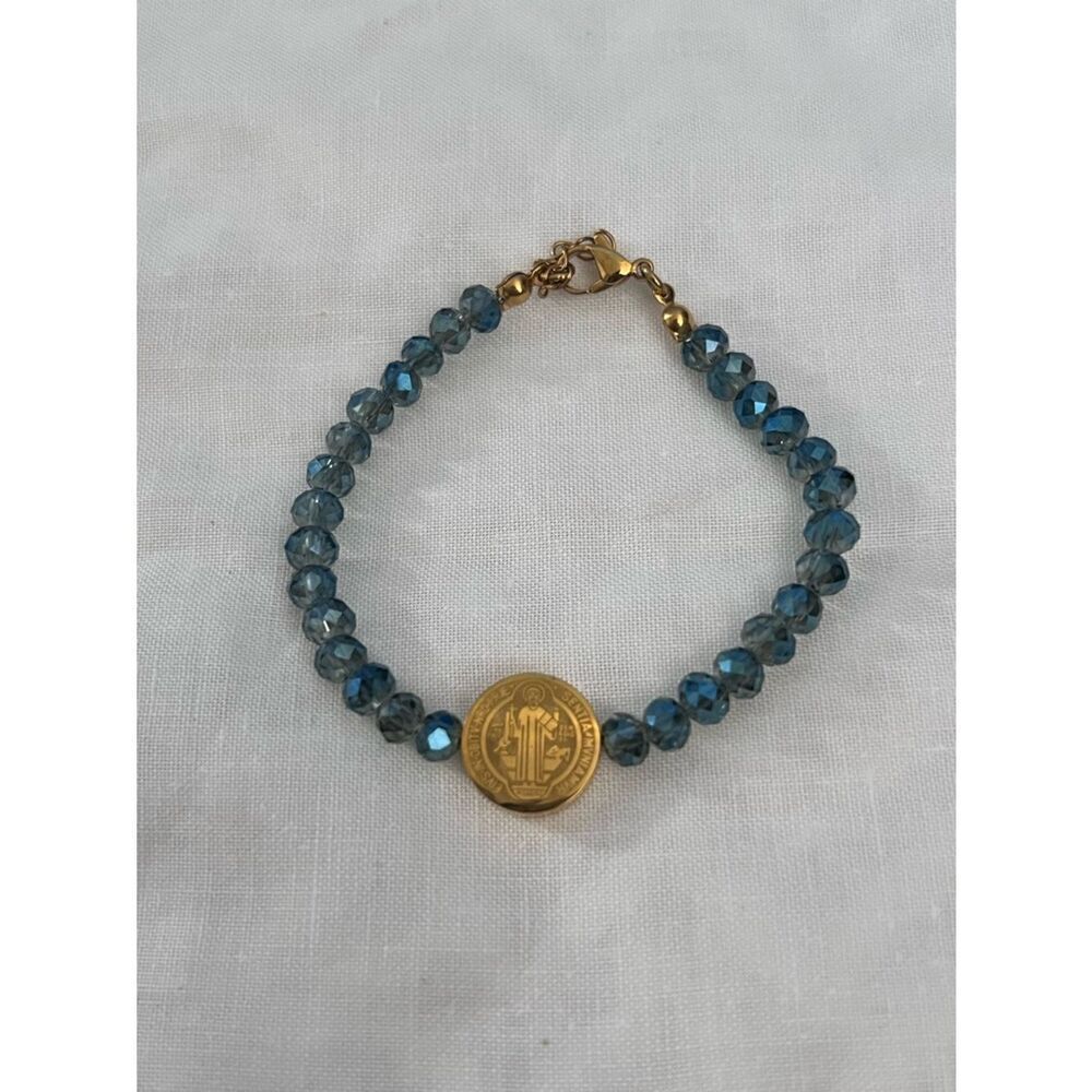 Blue Faceted Glass Bead Gold Tone St Benedict Medallion Charm Boho Bracelet